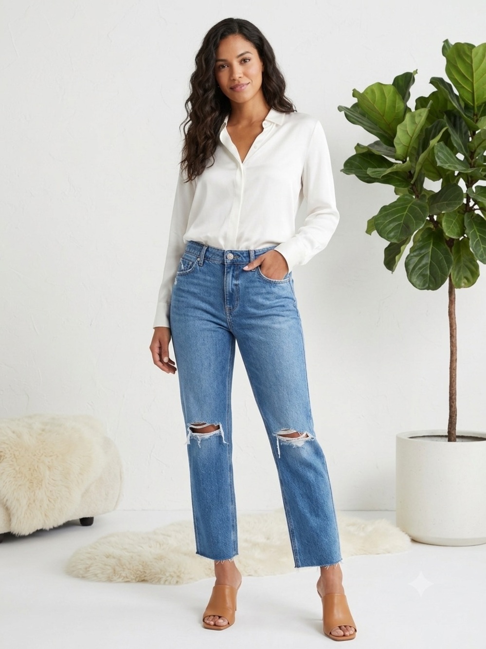 PAIGE Blue Vintage Straight Leg Jeans with Frayed Hem